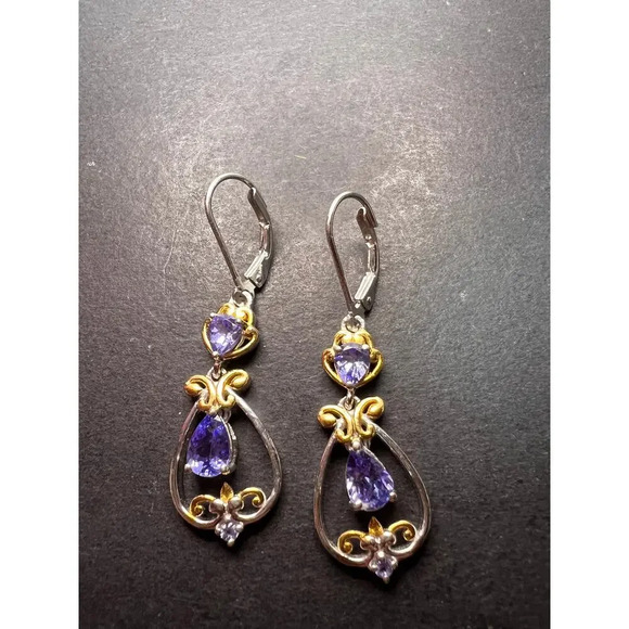 Tanzanite two toned sterling silver chandelier lever back earrings - Picture 3 of 9